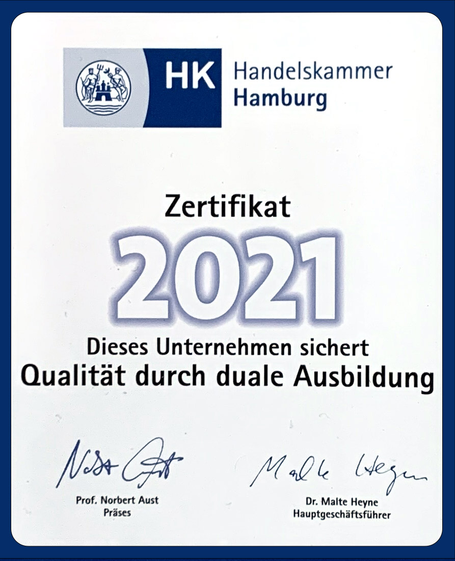 Ausbildungszertifikat der Handelskammer Hamburg 2020